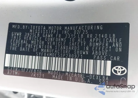 2025 Toyota Corolla Le z USA, uszkodzony, nr VIN 5YFB4MDE5SP280971